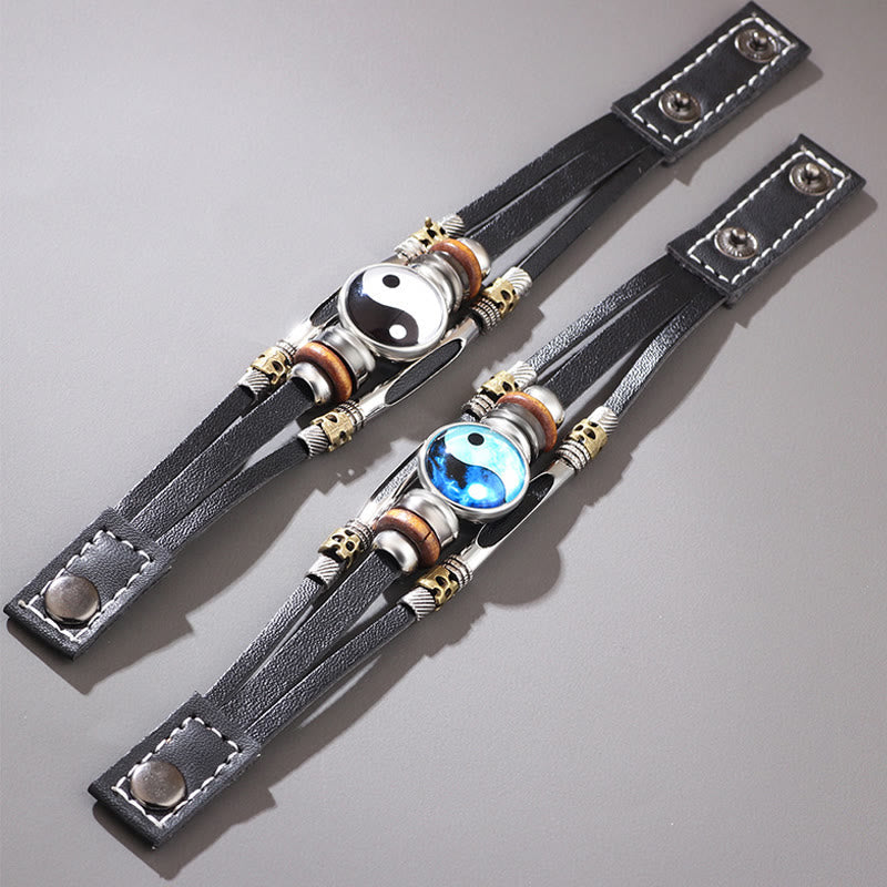 Yin Yang Leather Balance Bracelet - Dual variant leather wraps with yin-yang and mixed metal beads, spiritual