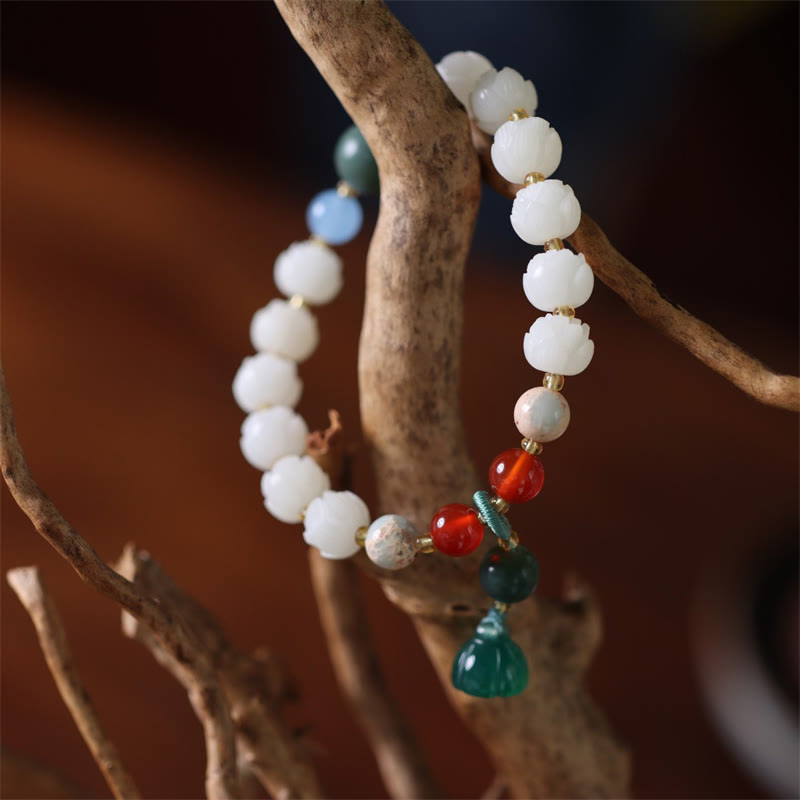 Carved Bodhi Seed Lotus Bead Peace Bracelet - on driftwood branch with jade pendant, harmony