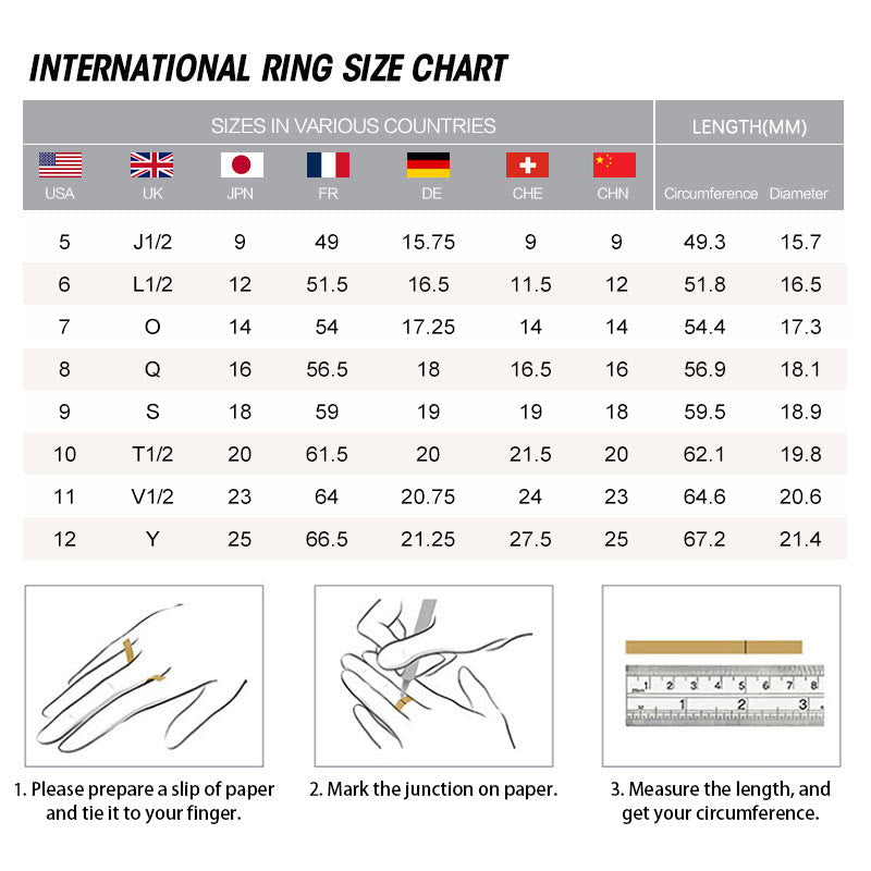 Sterling Silver Dragon Ring - international ring size chart with measuring guide, fitting reference