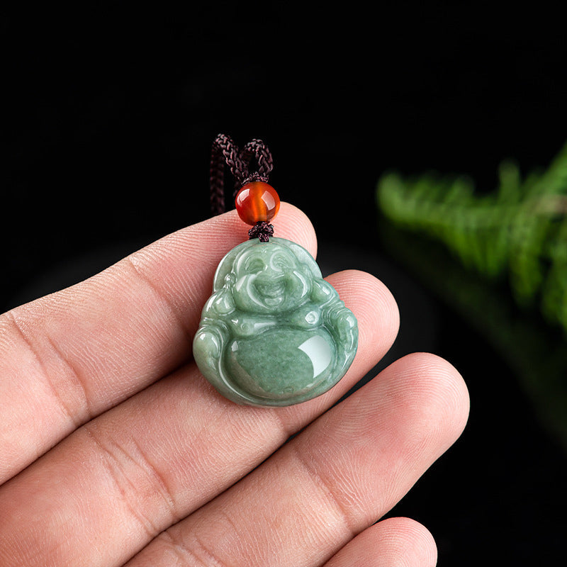 Laughing Buddha Cyan Jade Necklace Success – Round jade orb carved with happy Buddha face, clarity and focus talisman