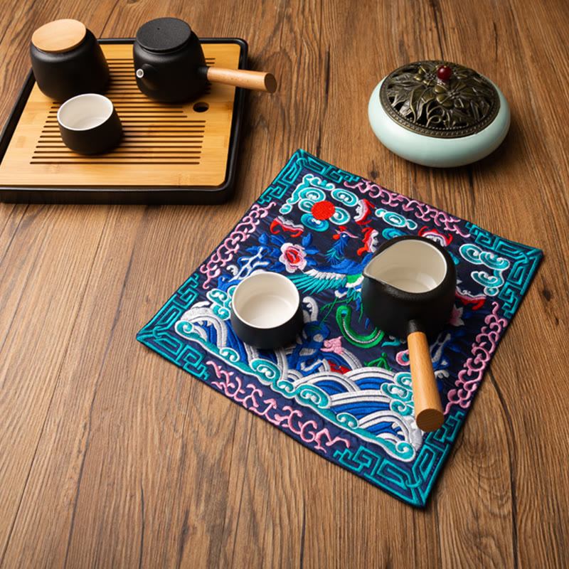 Phoenix Dragon Kirin Embroidery Tea Cup Mat - Navy mat with teapot and tray in use, Lifestyle Setup