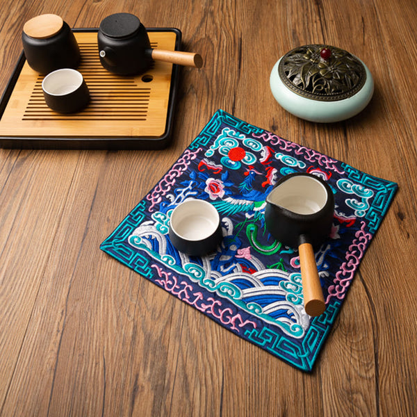 Phoenix Dragon Kirin Embroidery Tea Cup Mat - Navy mat with teapot and tray in use, Lifestyle Setup