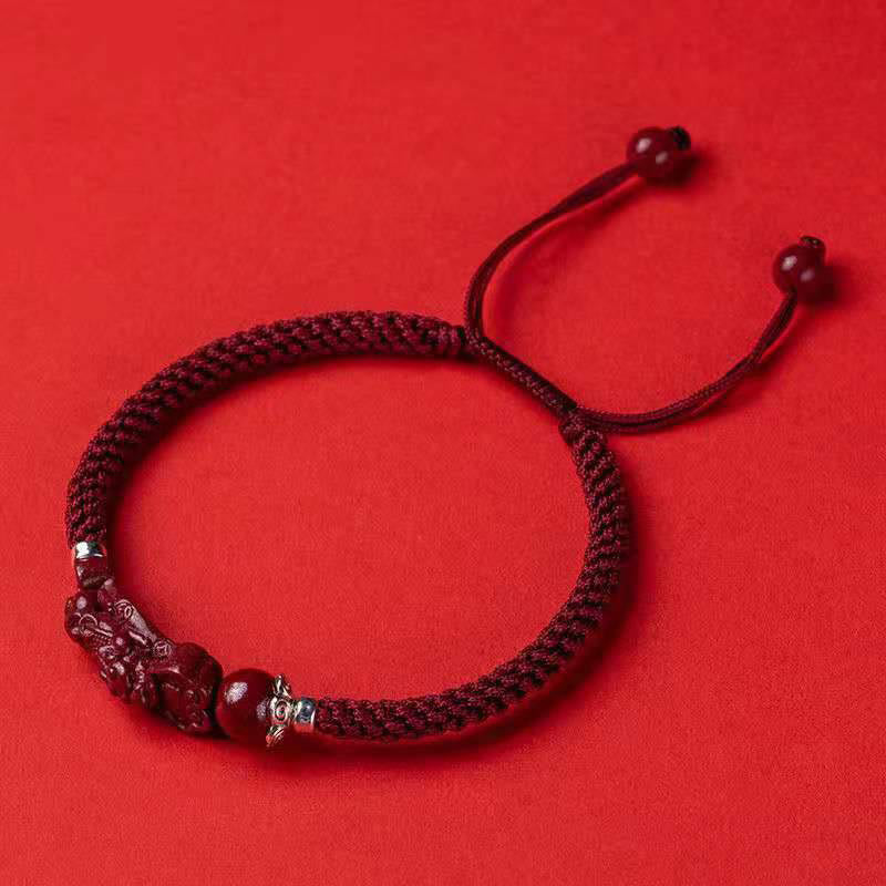 Handcrafted PiXiu Cinnabar Wealth Luck Braided Bracelet – adjustable pull-string version on red, unisex fit