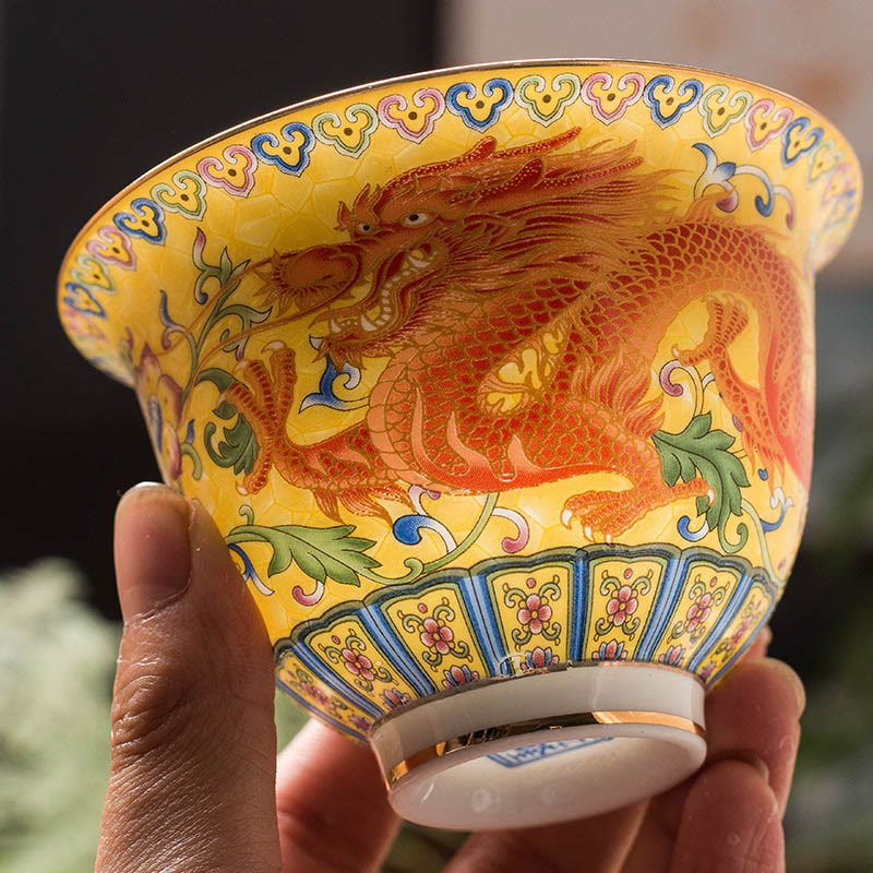 Dragon Phoenix Flower Gaiwan Tea Set – Yellow dragon cup in hand with crackle glaze, seal mark on foot ring