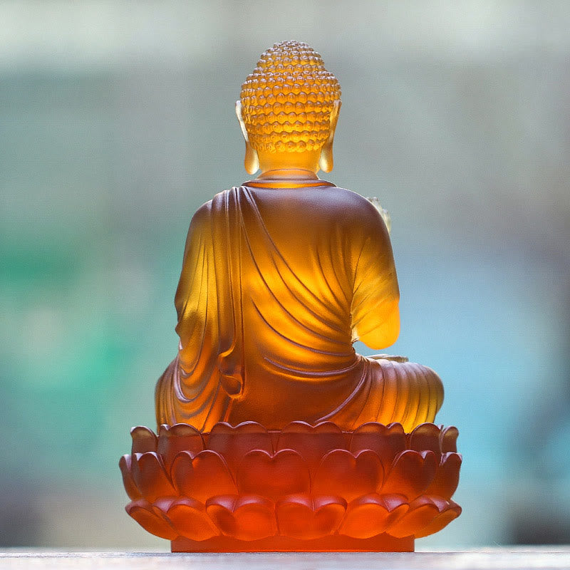 Sakyamuni Buddha Liuli Crystal Statue – Golden honey crystal showing master glasswork, Asian statue