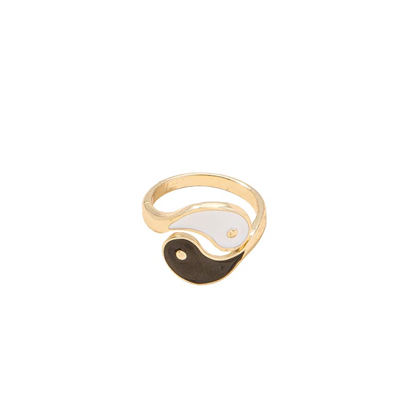Yin Yang Adjustable Couple Ring - open band adjustable design with black white enamel yin-yang on white bg