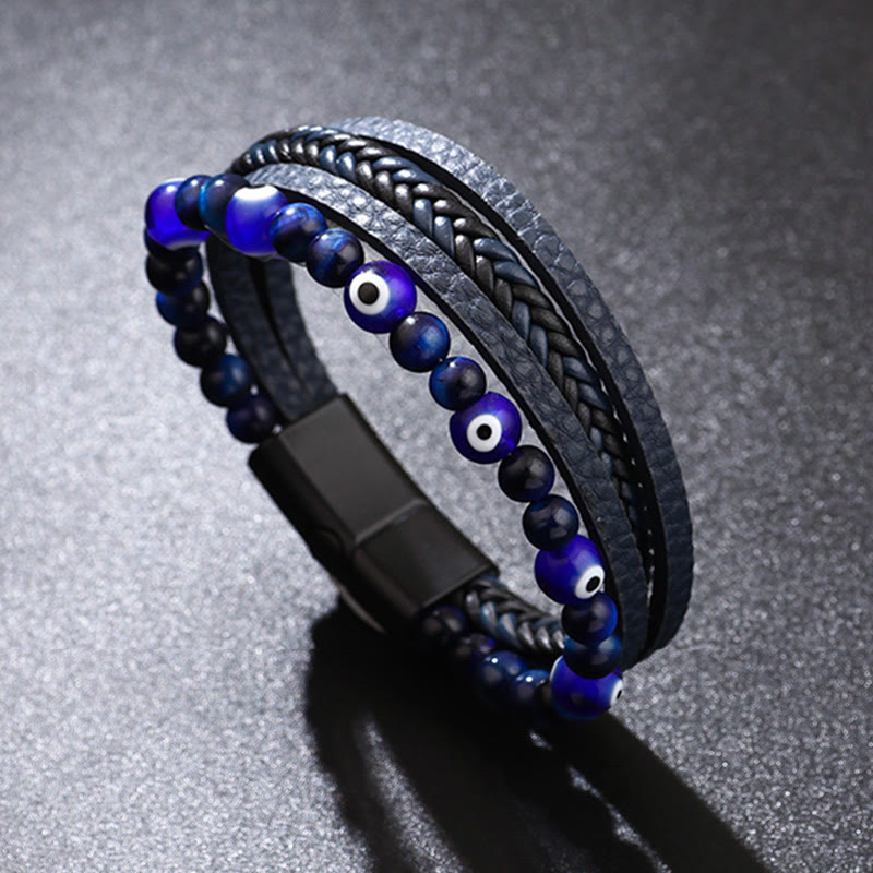 Evil Eye Tiger Eye Bracelet – Multilayer blue beaded leather bracelet with nazar evil eye, dark backdrop