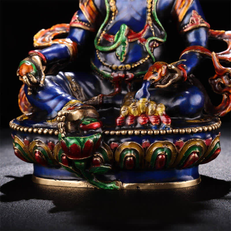 Yellow Jambhala Copper Statue – size scale on bookshelf, compact wealth deity altar ornament