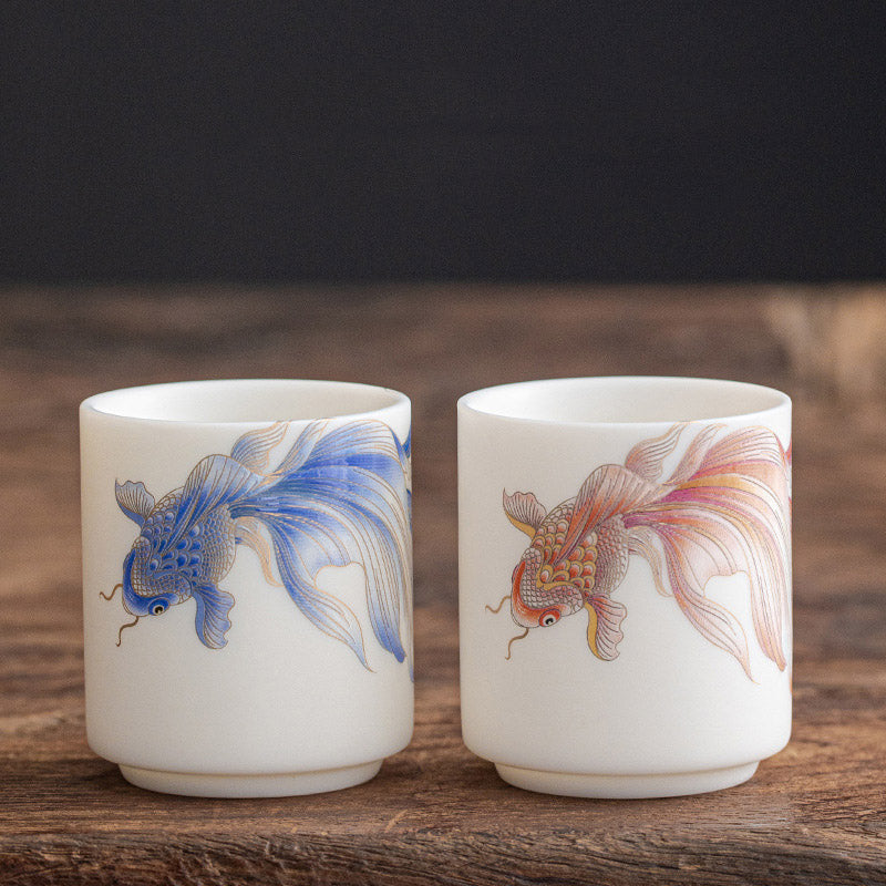 Koi Fish Ceramic Tea Cup - full tea set arrangement with six cups, hostess gift idea