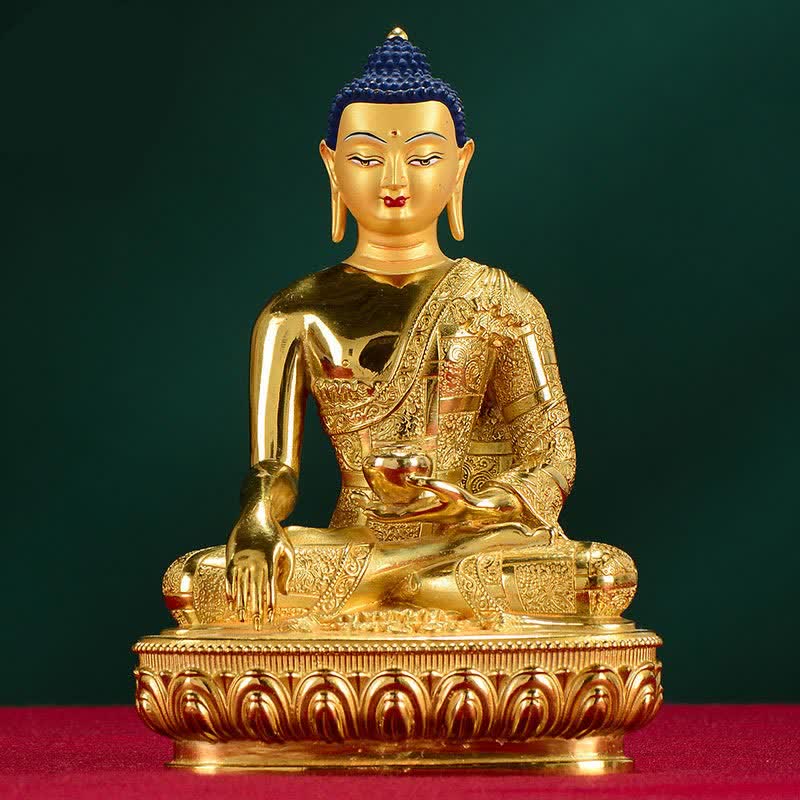 Shakyamuni Enlightenment Copper Statue – front view seated Buddha under bodhi tree leaf, copper figurine