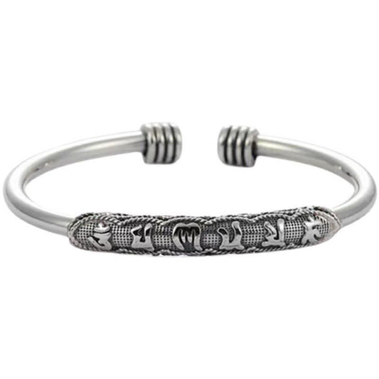 Om Mani Padme Hum Cuff Bracelet – Silver engraved cuff on white background, Tibetan mantra bangle
