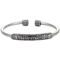 Om Mani Padme Hum Cuff Bracelet – Silver engraved cuff on white background, Tibetan mantra bangle