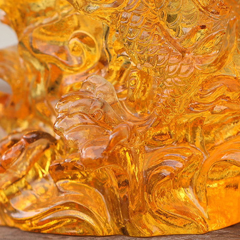 Chinese Zodiac Yellow Dragon Liuli Art Piece - macro of carved scales and lotus elements in honey amber glass, luck