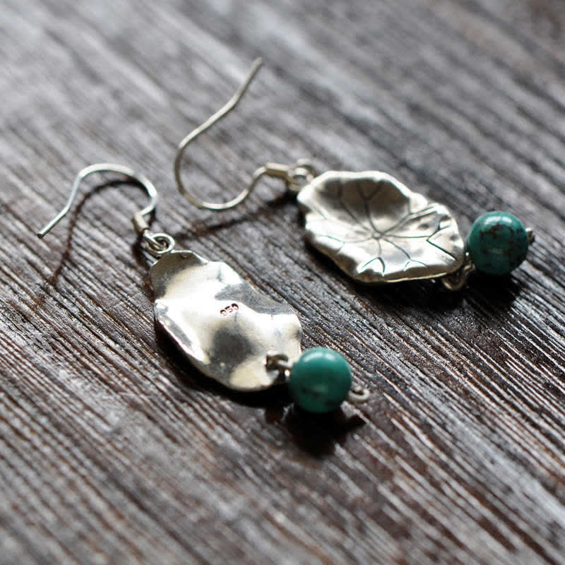Sterling Silver Turquoise Lotus Leaf Earring - hammered leaf texture on aged wood