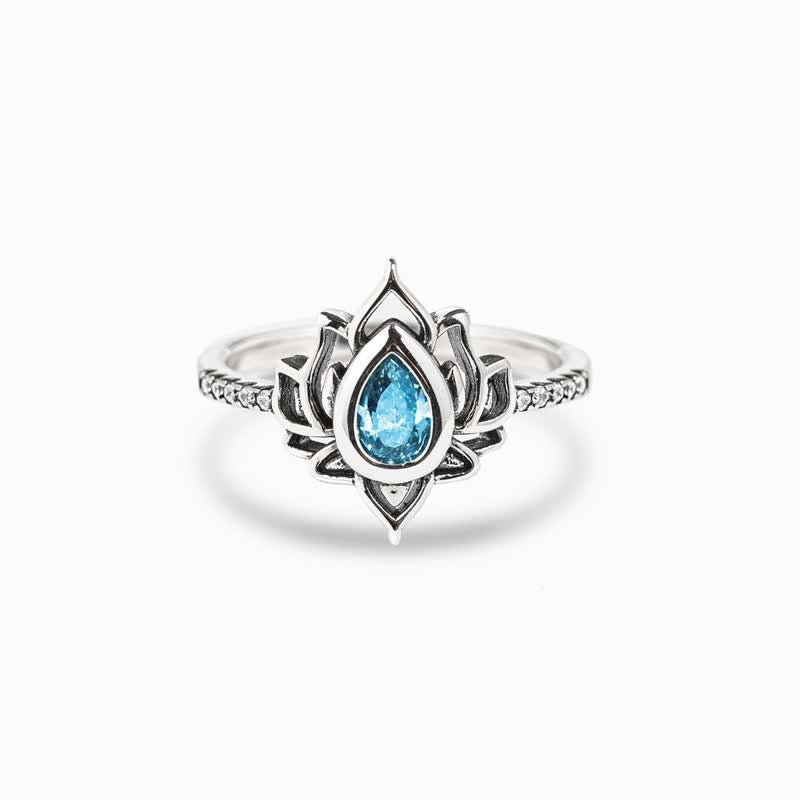 Sterling Silver Lotus Ring – Blue zircon center stone with pavé band, lotus zircon ring