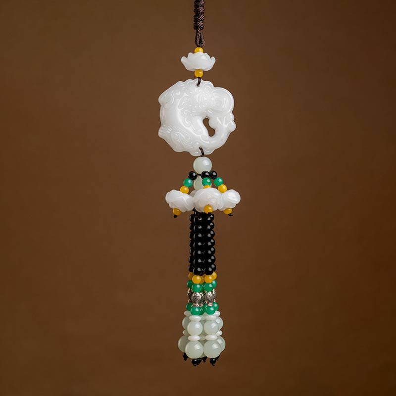 FengShui Jade PiXiu Car Pendant – white jade PiXiu hanging ornament, lotus bead tassel, feng shui blessing decoration