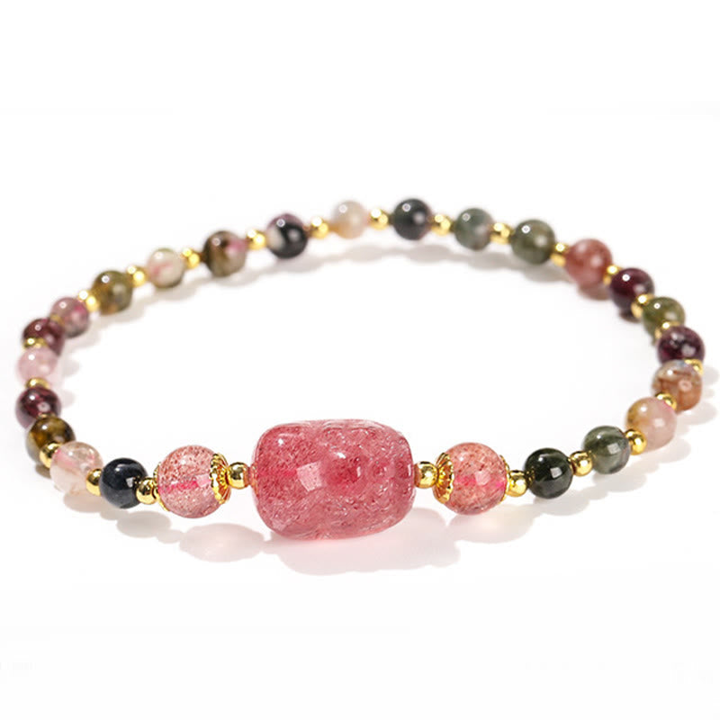 Moonstone Strawberry Quartz Tourmaline Bracelet – Isolated tourmaline bead bracelet with strawberry quartz PiXiu, crystal gift