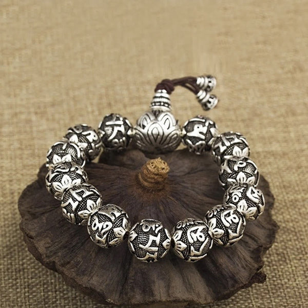 Om Mani Padme Hum Bracelet – Mantra beads on lotus pod over burlap, spiritual wrist mala