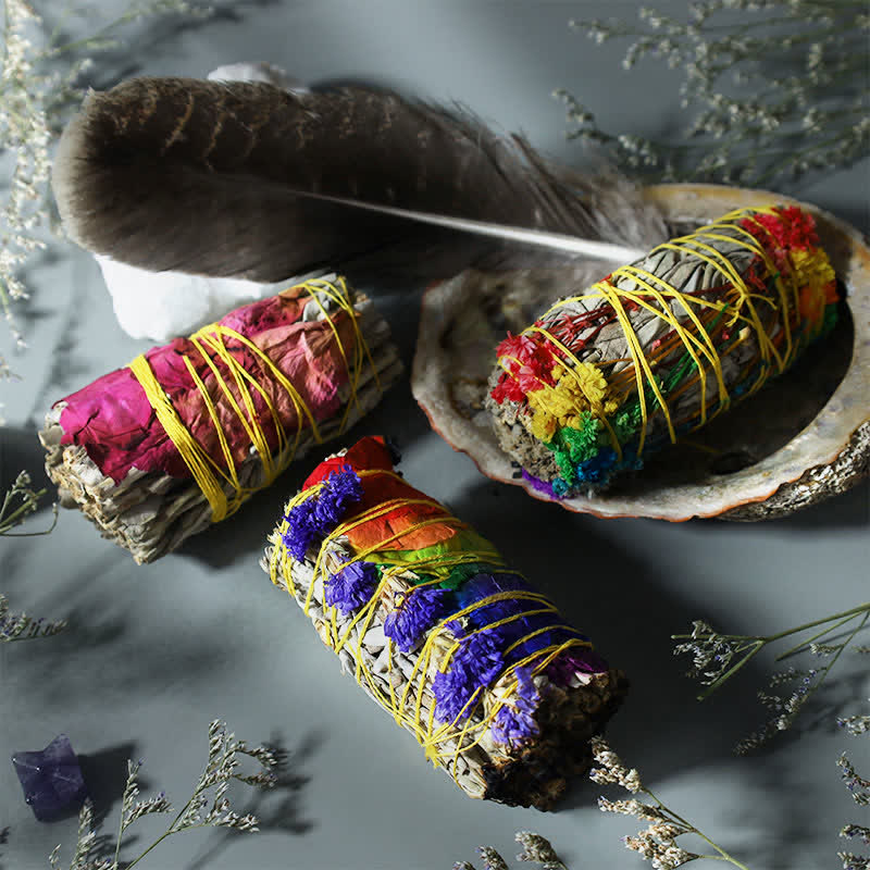 Smudge Stick Set with Abalone Shell - Three colorful sticks with shell and feather, cleansing kit Main image
