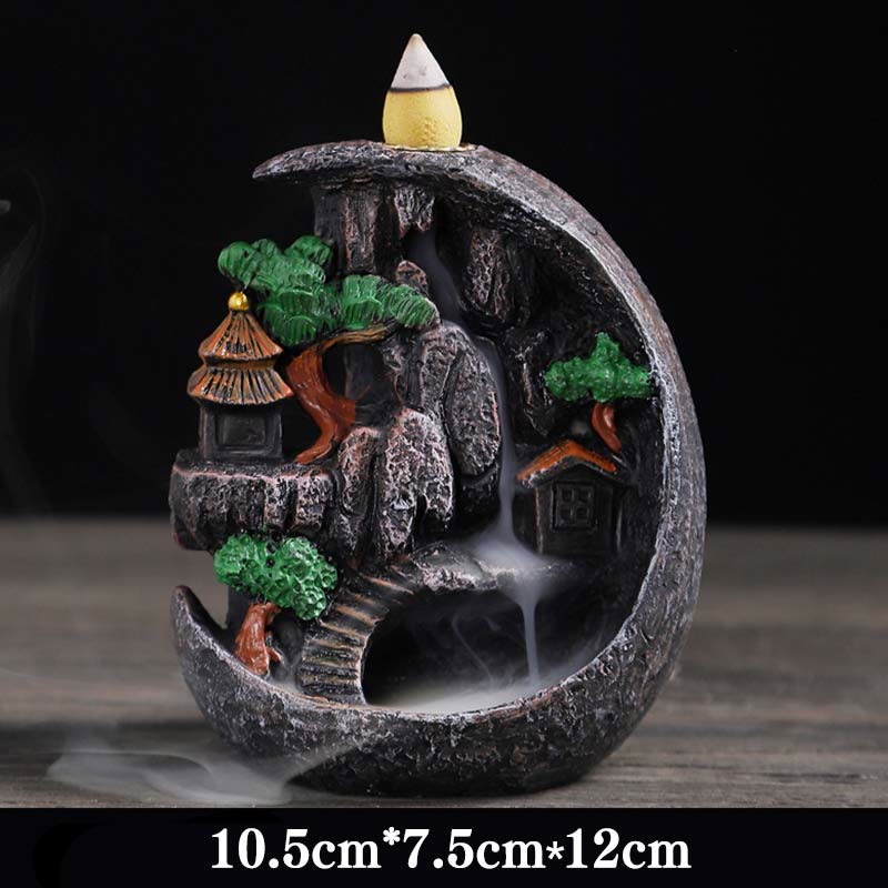 Resin Backflow Incense Burner – Crescent moon shape with pagoda, three trees and flowing smoke on dark wood, zen