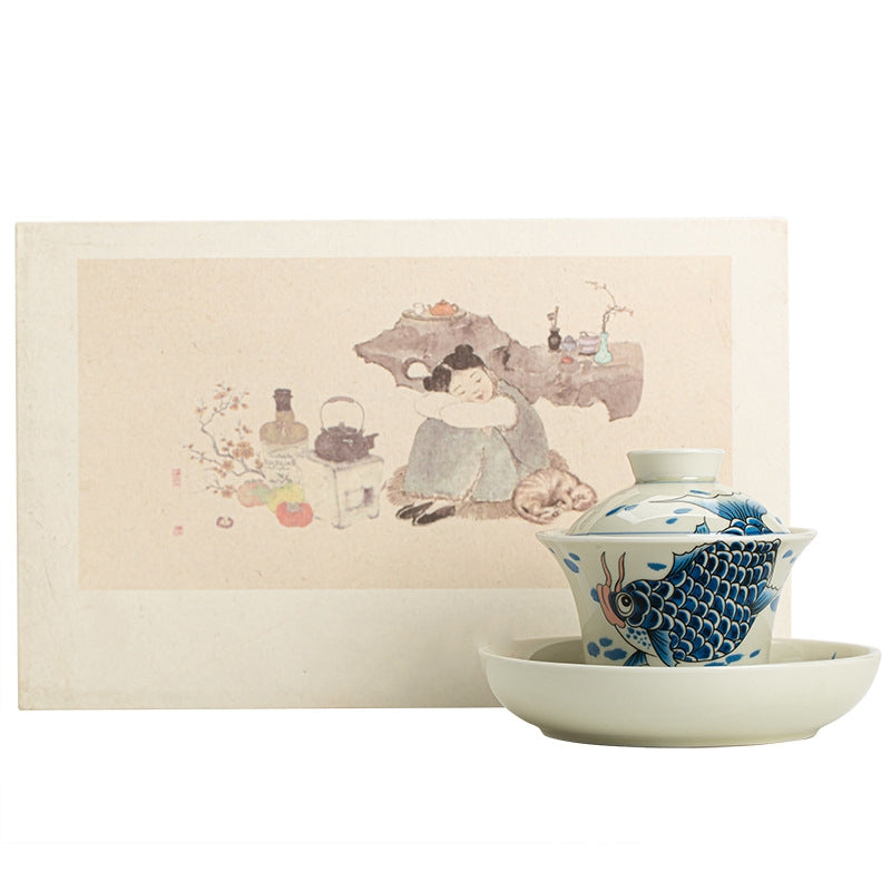 Koi Fish Gaiwan – full tea ceremony setup with gaiwan as center, Chinese tea