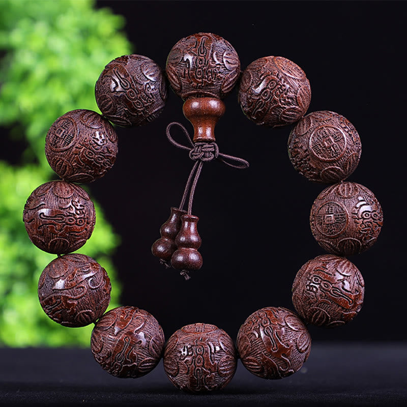 Chinese Zodiac Rosewood Ebony PiXiu Set – dark red dragon buddha carved wood bracelet, detailed spiritual totem design