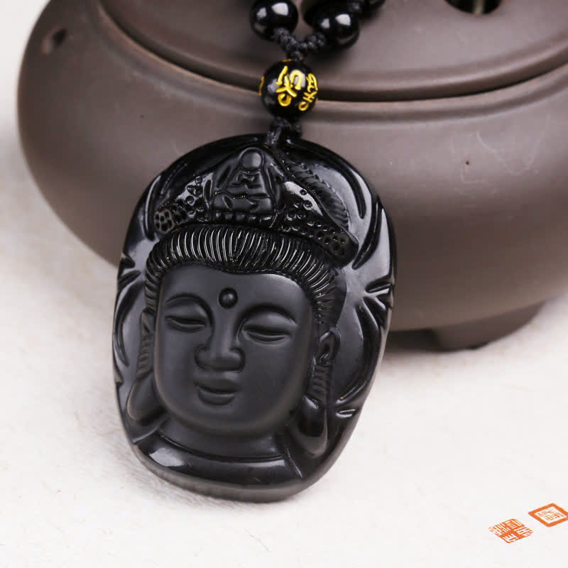 Black Obsidian Avalokitesvara Pendant - gold-inscribed prayer bead accent on braided cord, Resilient