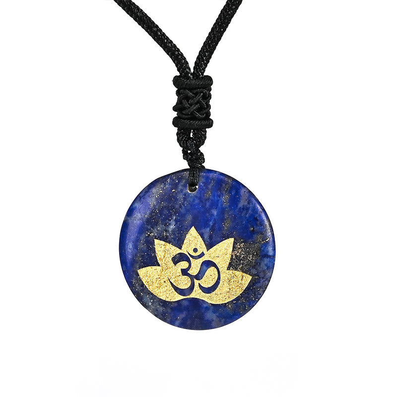 OM Lotus Amethyst Tiger Eye Pendant - royal blue lapis lazuli disc with gold Om lotus, throat chakra healing