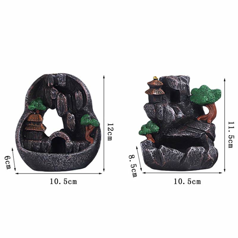 Resin Backflow Incense Burner – Two angled views showing stone texture, pagoda and trees on white, zen decor