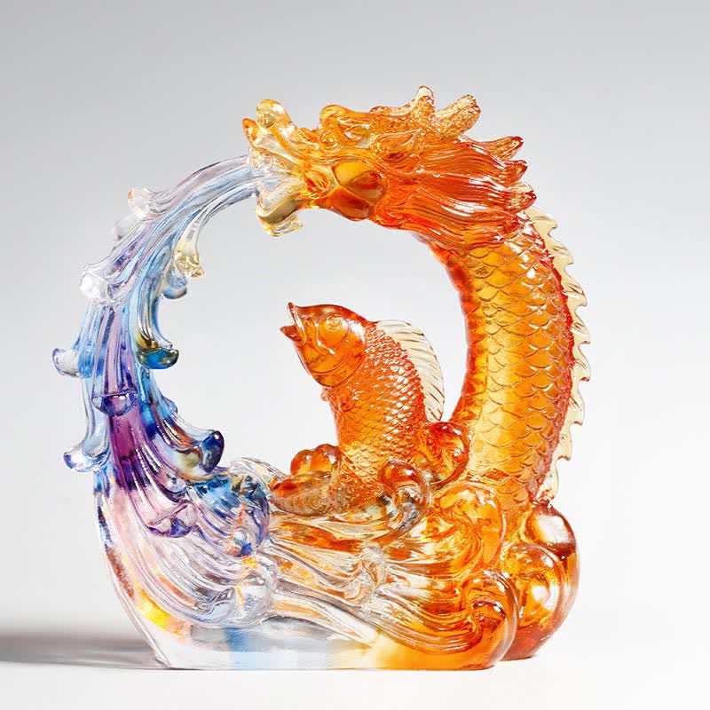Dragon Koi Liuli Crystal Art – Front view dragon koi sculpture, Feng Shui crystal decor