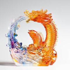 Dragon Koi Liuli Crystal Art – Front view dragon koi sculpture, Feng Shui crystal decor