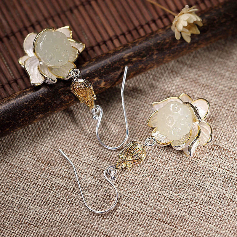 White Jade Lotus Drop Earrings