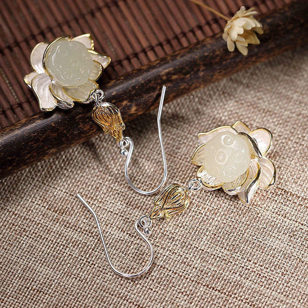 White Jade Lotus Drop Earrings