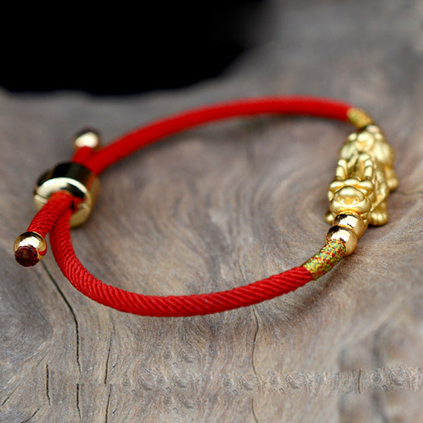 Gold-Plated PiXiu Red String Bracelet – side view red braided cord with gold slider clasp, lucky wealth bracelet