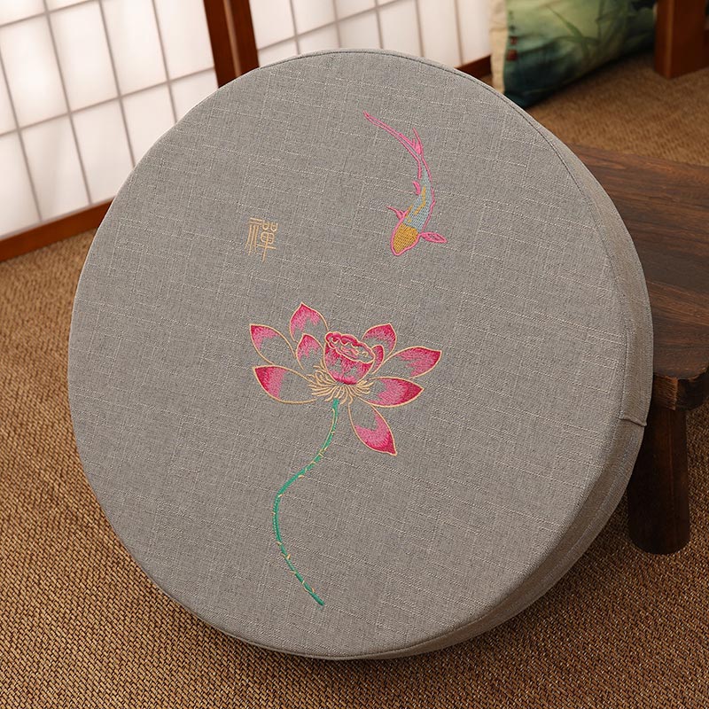 Embroidered Zen Cushion - Lotus koi and Zen character on gray linen zafu, shoji backdrop
