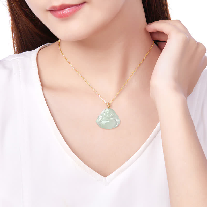 Laughing Buddha Jade Pendant Necklace – Titanium steel rope chain with green pendant, unisex accessory