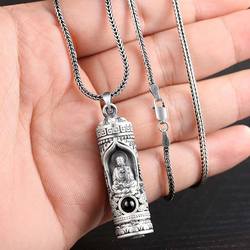 Chinese Zodiac Natal Buddha Projection Necklace – Full necklace in palm showing S925 clasp, woven chain, authentic silver
