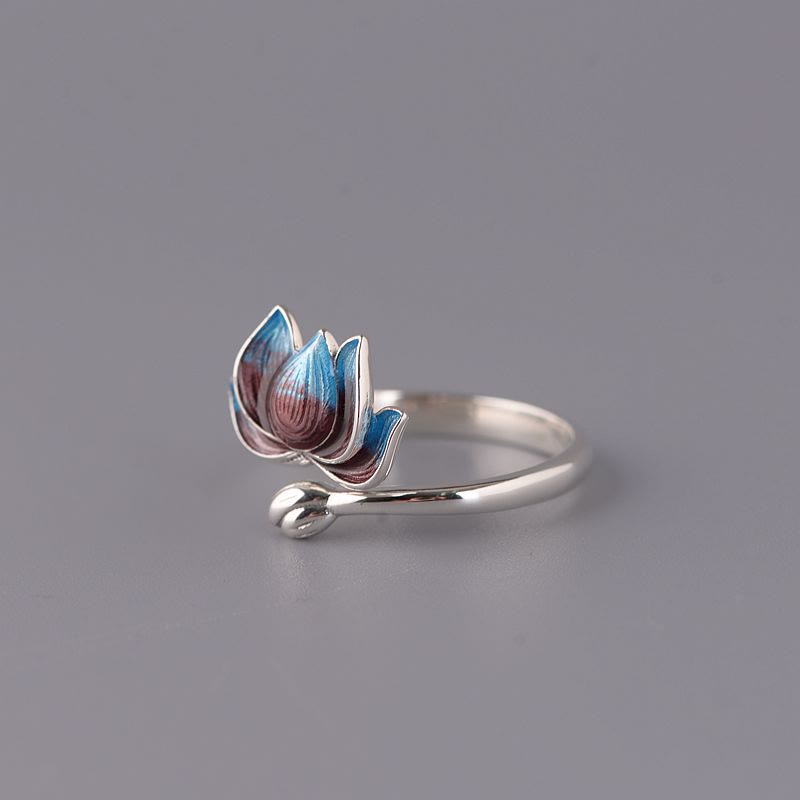 925 Sterling Silver Lotus Ring - Open band with gradient enamel lotus and bud accent, artisan ring