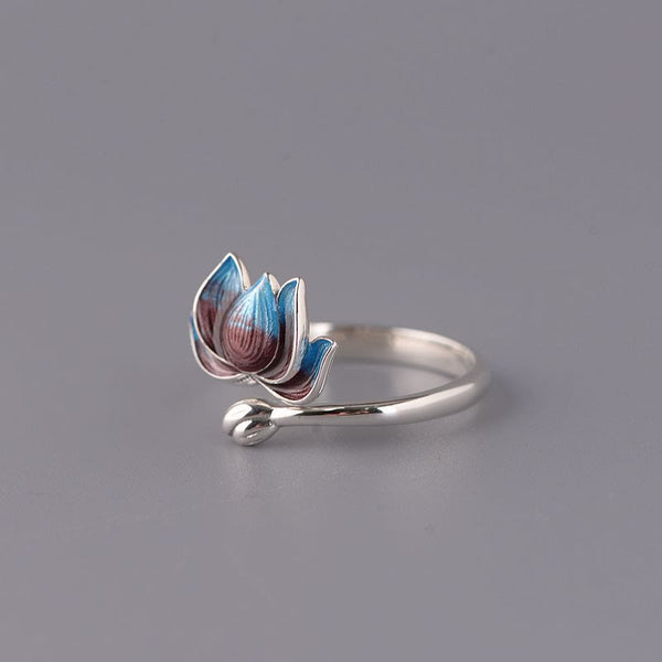 925 Sterling Silver Lotus Ring - Open band with gradient enamel lotus and bud accent, artisan ring