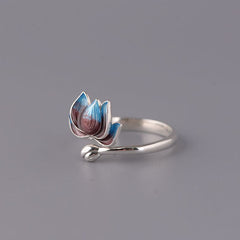 925 Sterling Silver Lotus Ring - Open band with gradient enamel lotus and bud accent, artisan ring