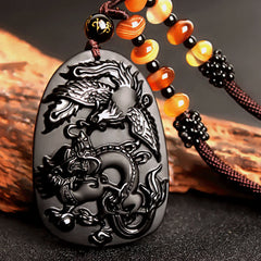 Black Obsidian Tiger Eye Dragon Phoenix Necklace – carved dragon-phoenix obsidian plaque with amber nuggets, balanced