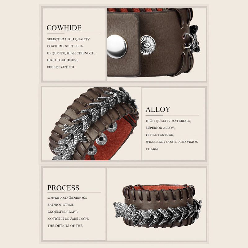 Dragon Leather Weave Protection Bracelet – cowhide alloy detail panels with dragon scale motif, artisan