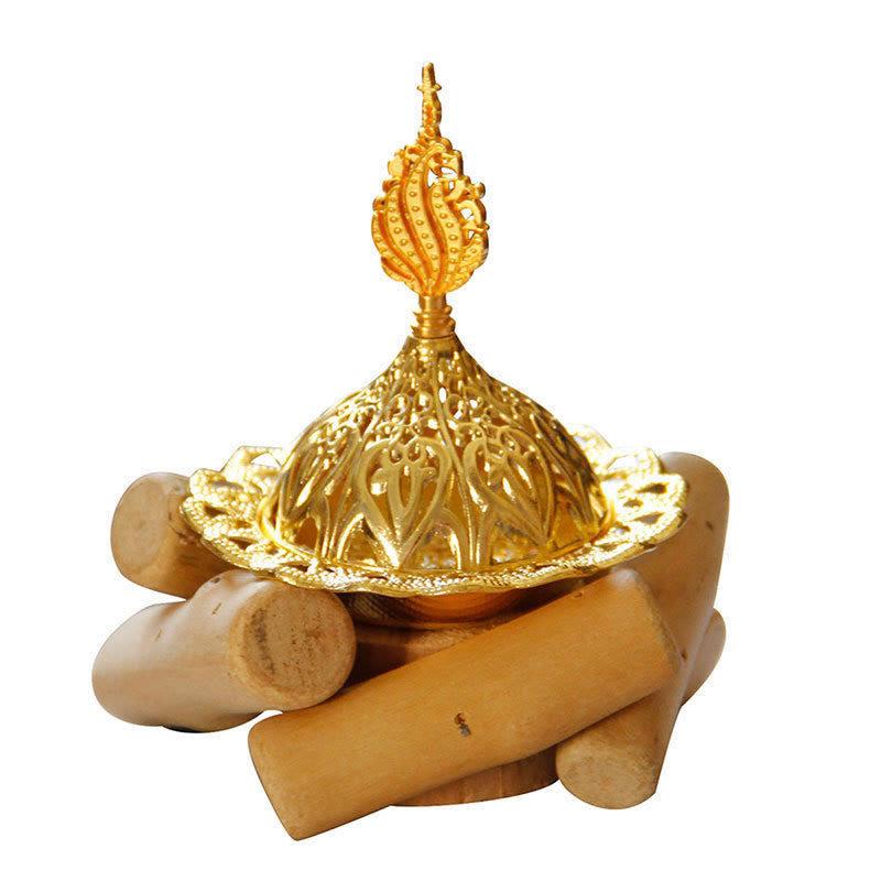 Gold Alloy Mini Incense Burner – white background product shot of arabesque dome on interlocking wood logs, gold incense burner