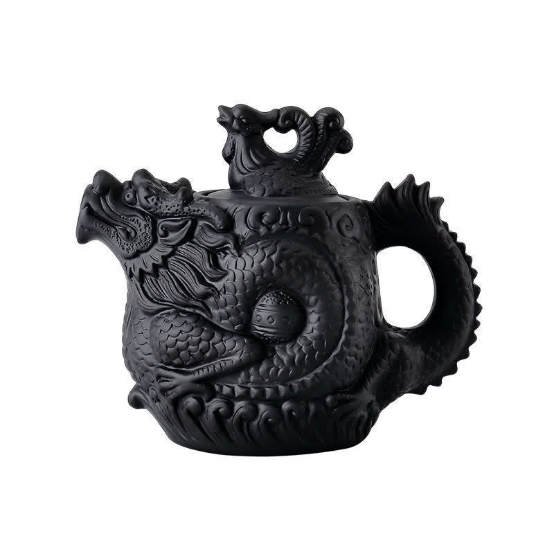 Vintage Dragon Phoenix Purple Clay Teapot – black dragon teapot with dragon head spout on white background, clean product ...