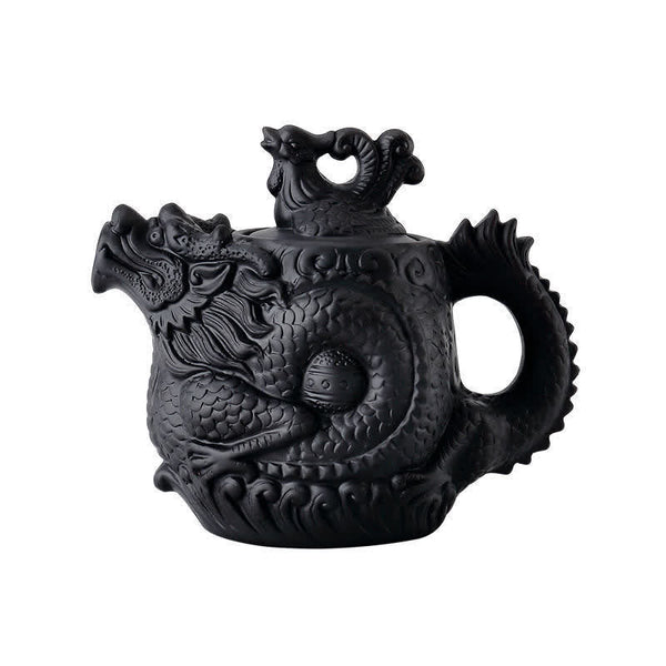 Vintage Dragon Phoenix Purple Clay Teapot – black dragon teapot with dragon head spout on white background, clean product ...