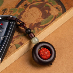 Tibetan Om Mani Padme Hum Sandalwood Cinnabar Protection Keychain – attached to car key on Buddhist book, cinnabar keychain