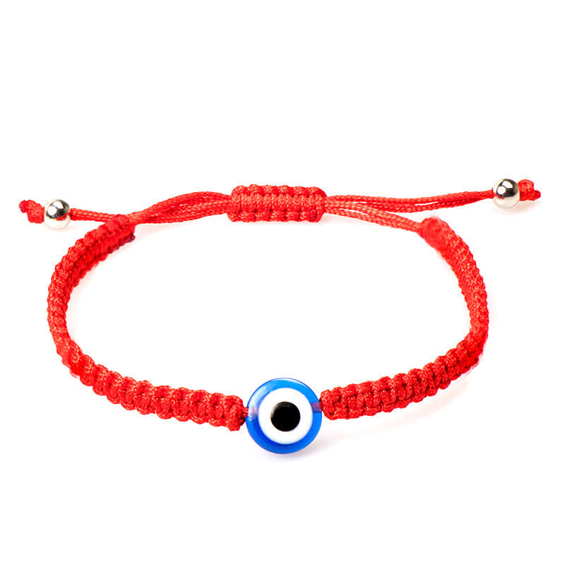 4Pcs Evil Eye Red String – Seven knot red string bracelet with adjustable closure, white background flat lay