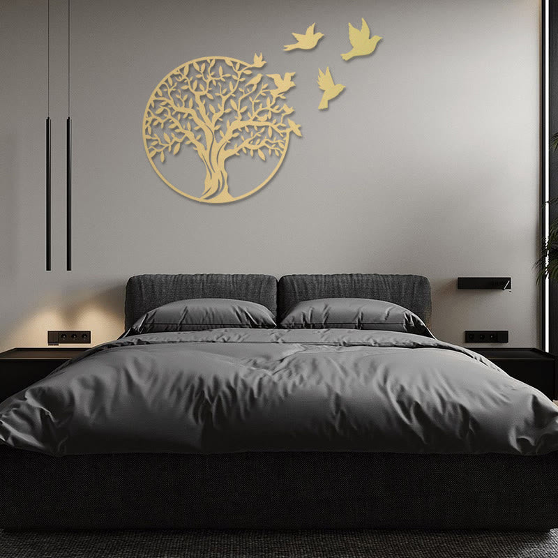 Tree of Life Birds Metal Wall Art - gold tree with birds on gray wall above bed with charcoal headboard