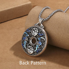 Fu Character Koi Necklace - close-up of Chinese blessing symbol engraving, wealth charm