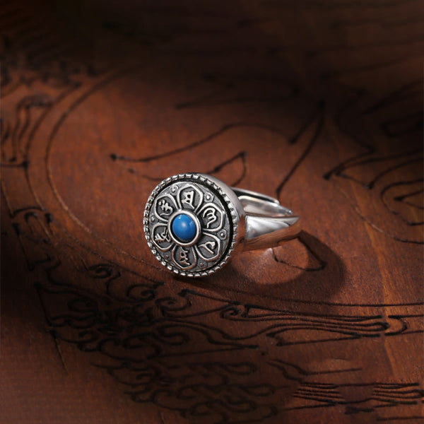 Tibetan Om Mani Padme Hum Ring – Blue stone on wood slice, Tibetan ring